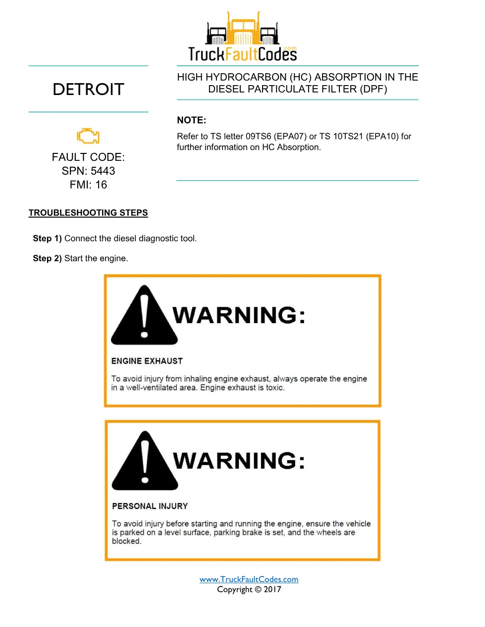 Detroit DPF HC absorption — Detroit SPN 5443 FMI 16 fault code - preview page 1 of 2