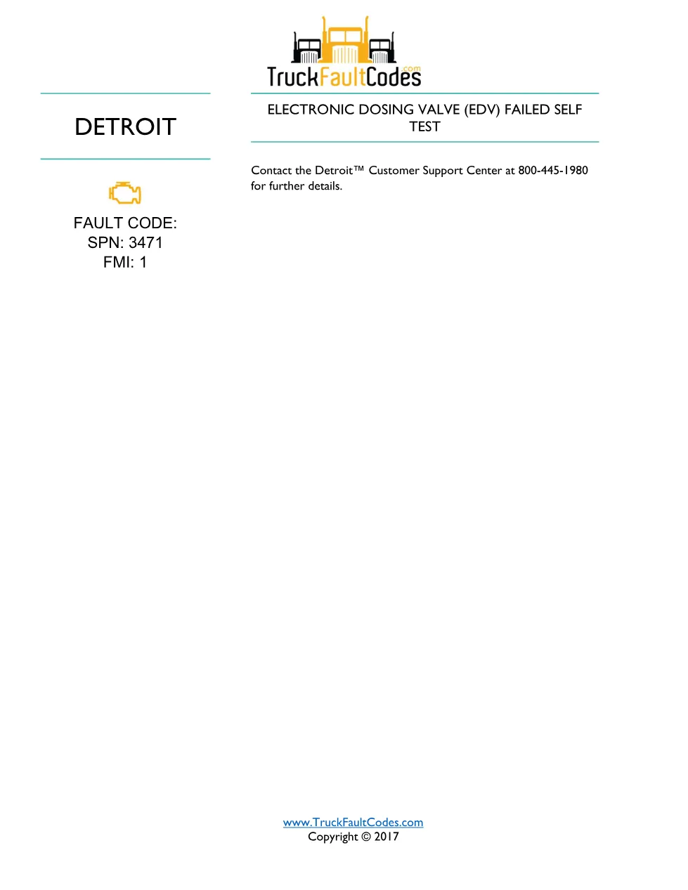 Detroit EDV self test — troubleshooting sheet for SPN 3471/FMI 1 - page 1 is available after signing in