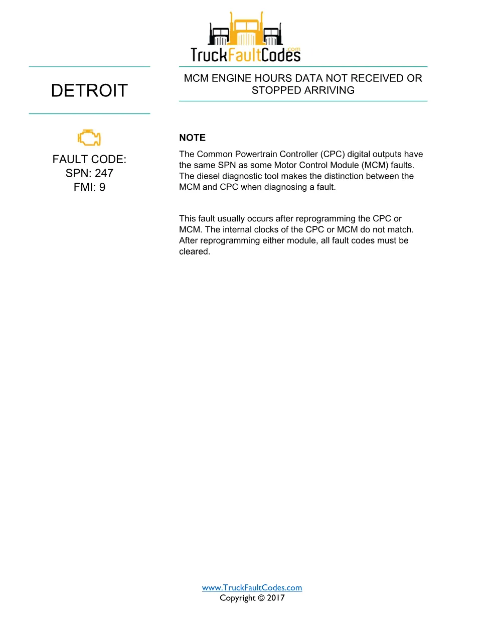 Detroit engine hours data — Detroit DD Series DTC SPN 247/FMI 9 - page 1 is available after signing in