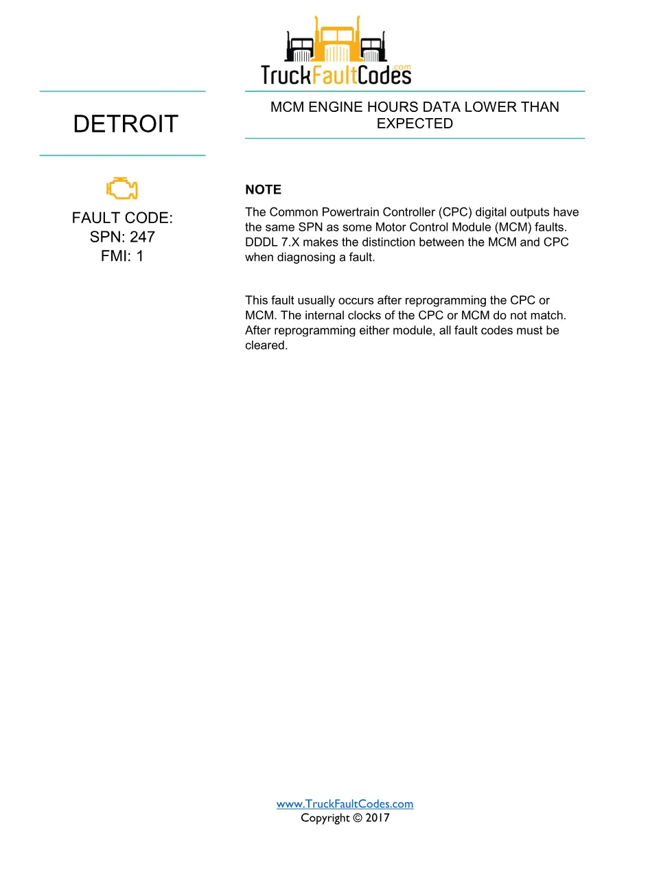 Detroit engine hours fault — Detroit DD Series DTC SPN 247/FMI 1 - page 1 is available after signing in