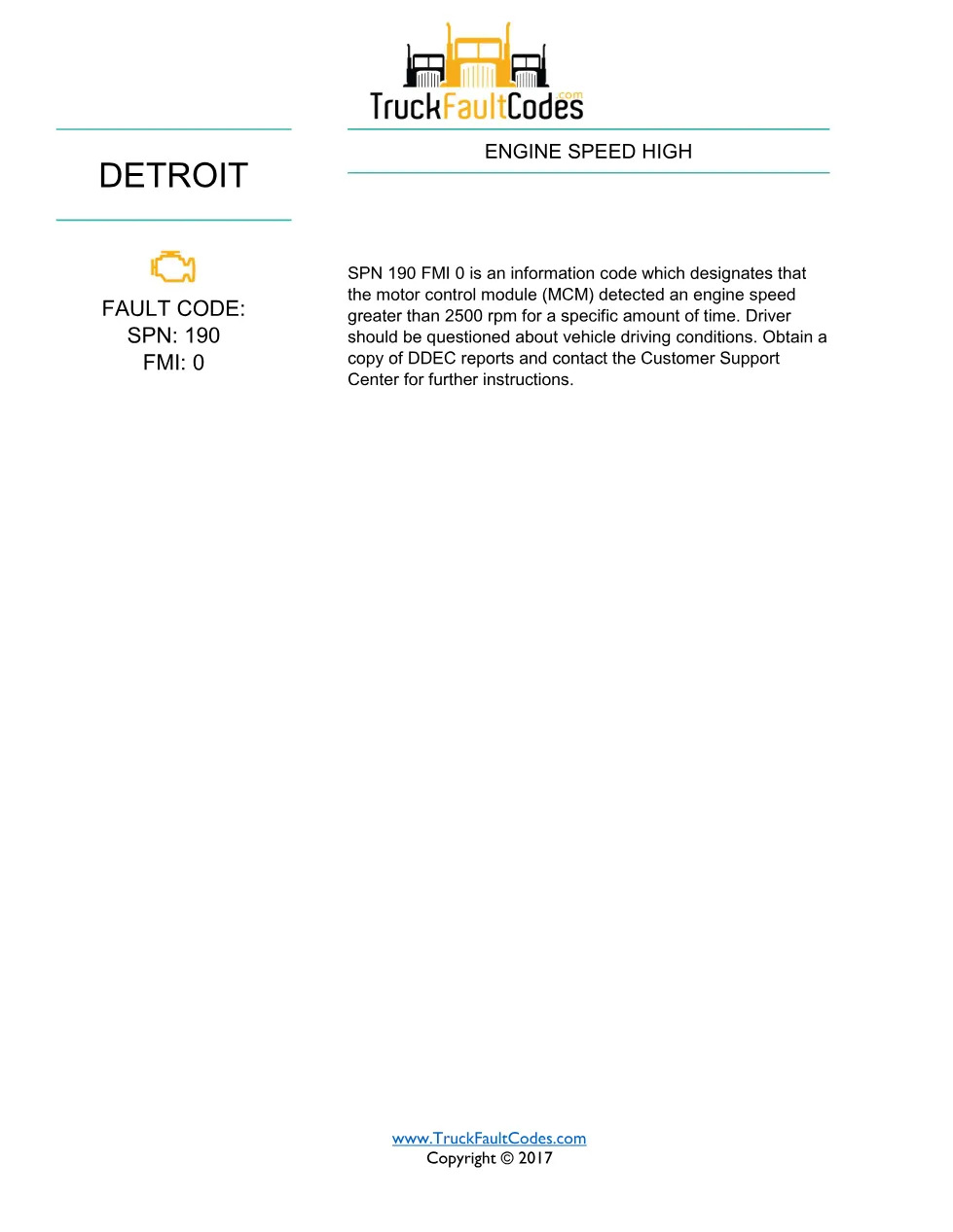 Detroit engine speed high — Detroit DD Series DTC SPN 190/FMI 0 - page 1 is available after signing in