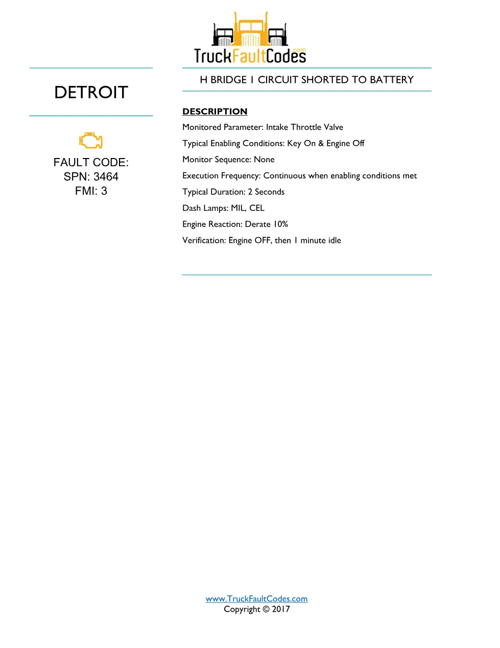 Detroit H bridge battery — troubleshooting sheet for SPN 3464/FMI - page 1 is available after signing in