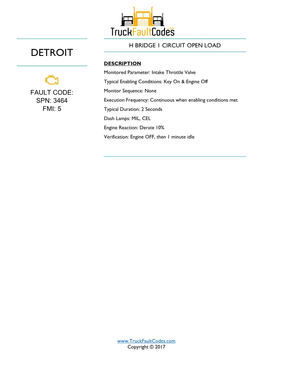 Detroit H bridge open — troubleshooting sheet for SPN 3464/FMI 5 - page 1 is available after signing in