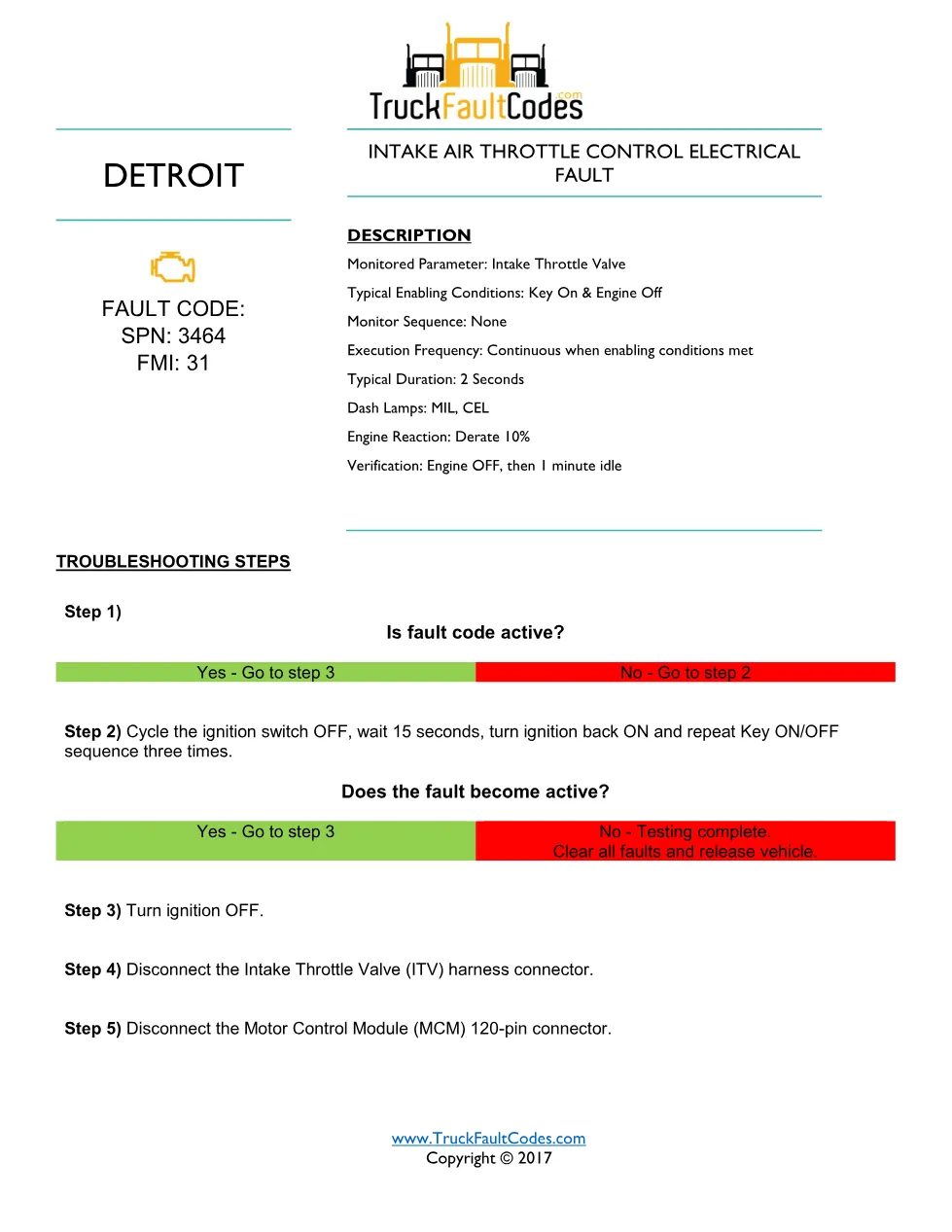 Detroit intake throttle valve — troubleshooting sheet for SPN - preview page 1 of 2