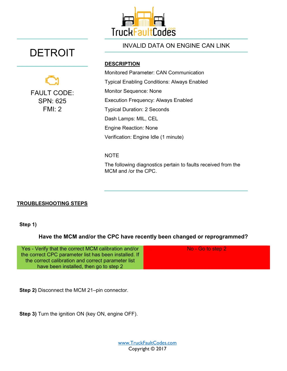 Detroit MCM SPN 625 — Detroit DD Series Engine CAN Link Invalid - preview page 1 of 3
