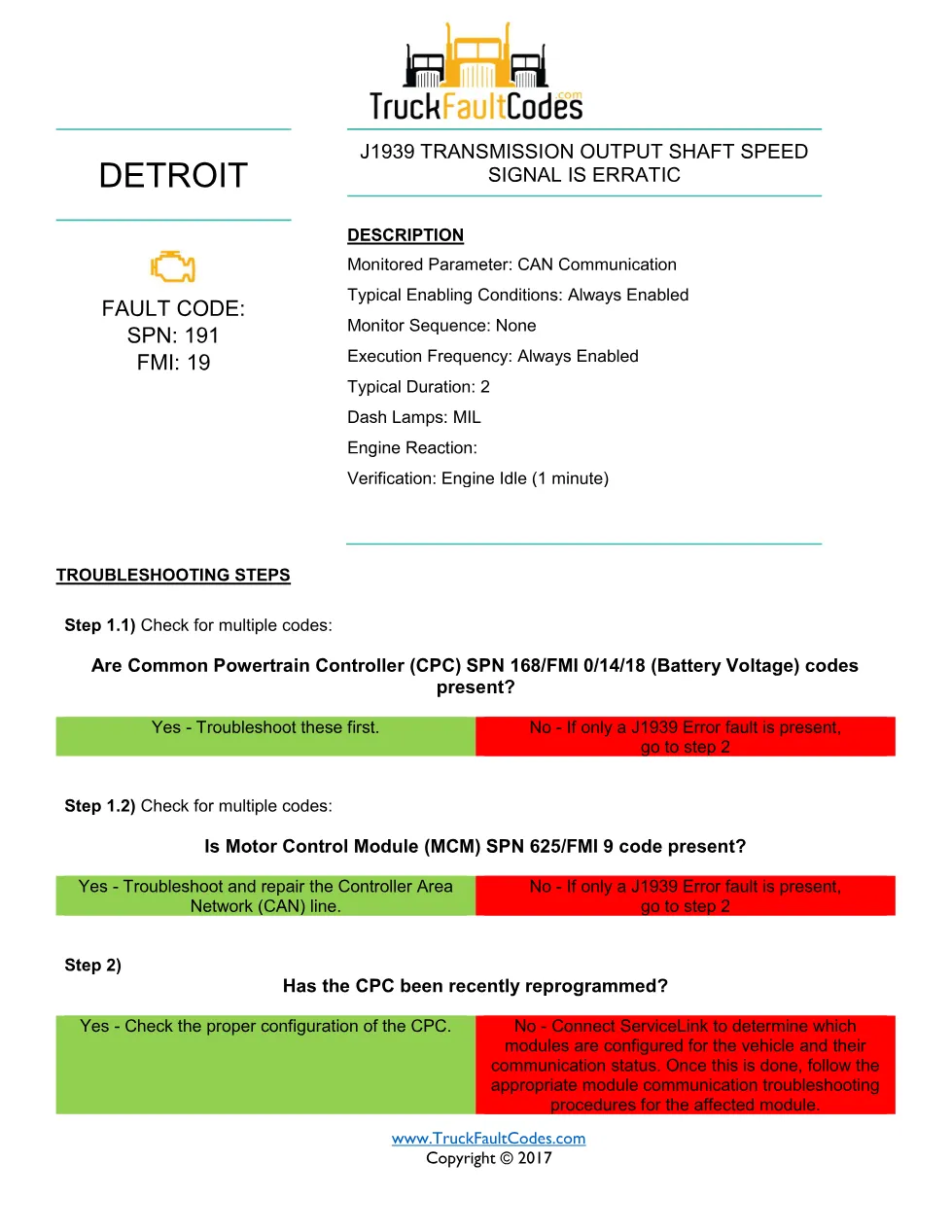 Detroit output shaft speed — Detroit DD Series DTC SPN 191/FMI 19 - preview page 1 of 2