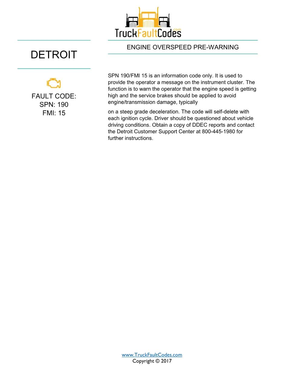 Detroit overspeed pre-warning code — Detroit DD Series DTC SPN - page 1 is available after signing in
