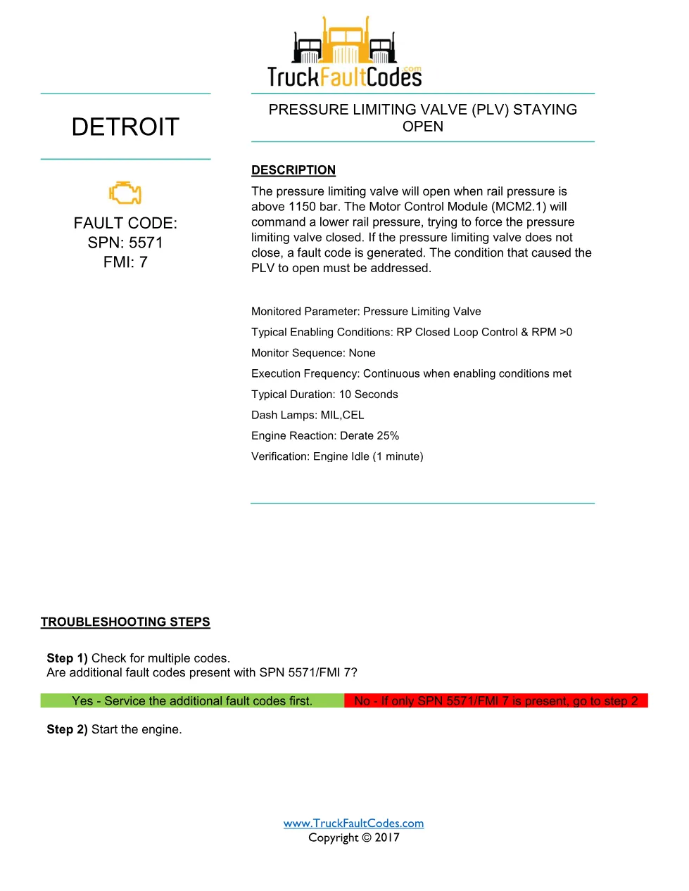 Detroit pressure limiting valve — Detroit SPN 5571 FMI 7 fault - preview page 1 of 3