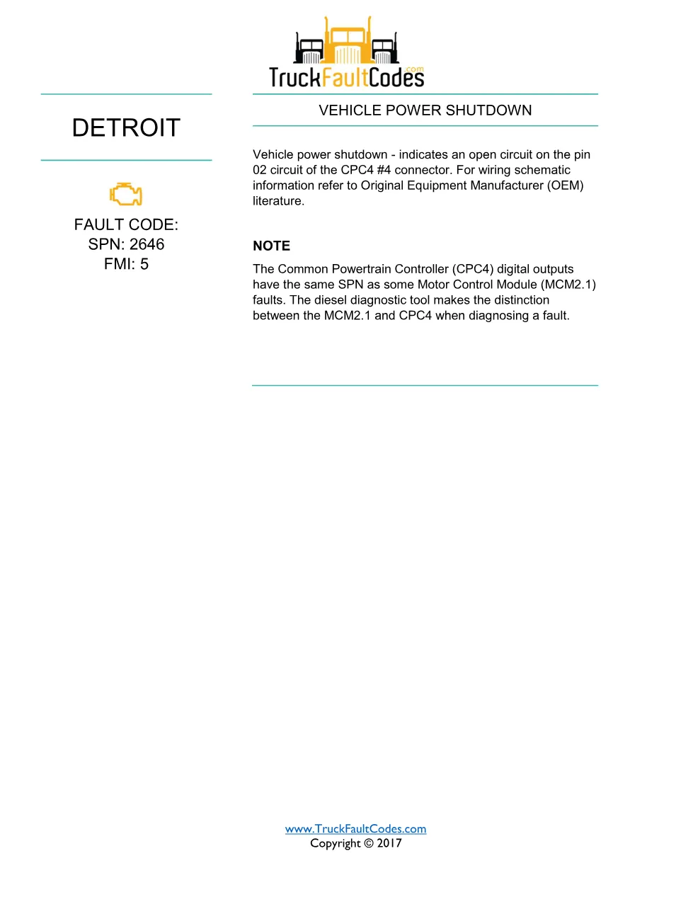 SPN 2646 FMI 5 — Detroit DD Series Vehicle Power Shutdown, Open - page 1 is available after signing in