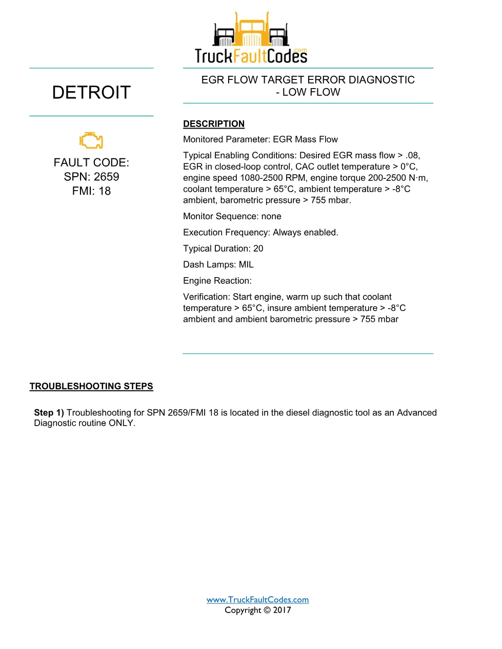 SPN 2659 FMI 18 — Detroit DD Series EGR Flow Target Error – Guide - page 1 is available after signing in