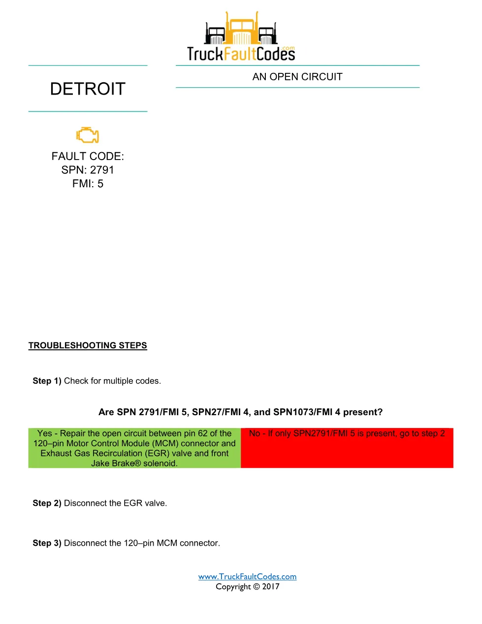 SPN 2791 FMI 5 — Detroit DD Series EGR Valve Circuit Open Circuit - preview page 1 of 2