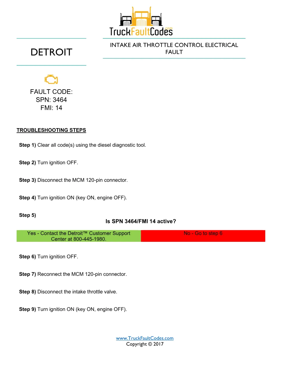Detroit SPN 3464 EPA07 — troubleshooting sheet for SPN 3464/FMI - preview page 1 of 2