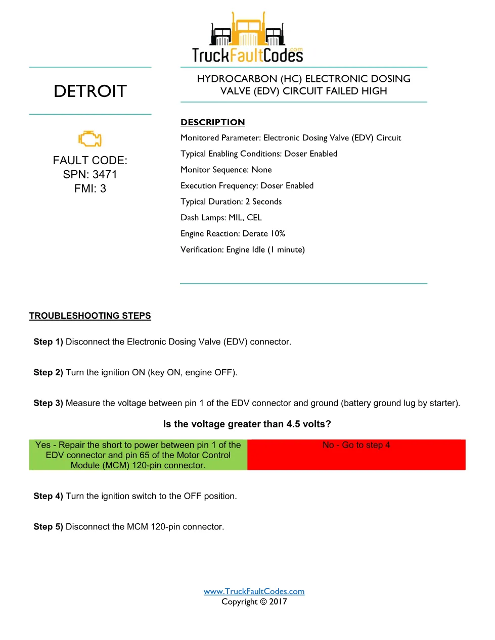Detroit SPN 3471 high — troubleshooting sheet for SPN 3471/FMI 3 - preview page 1 of 2