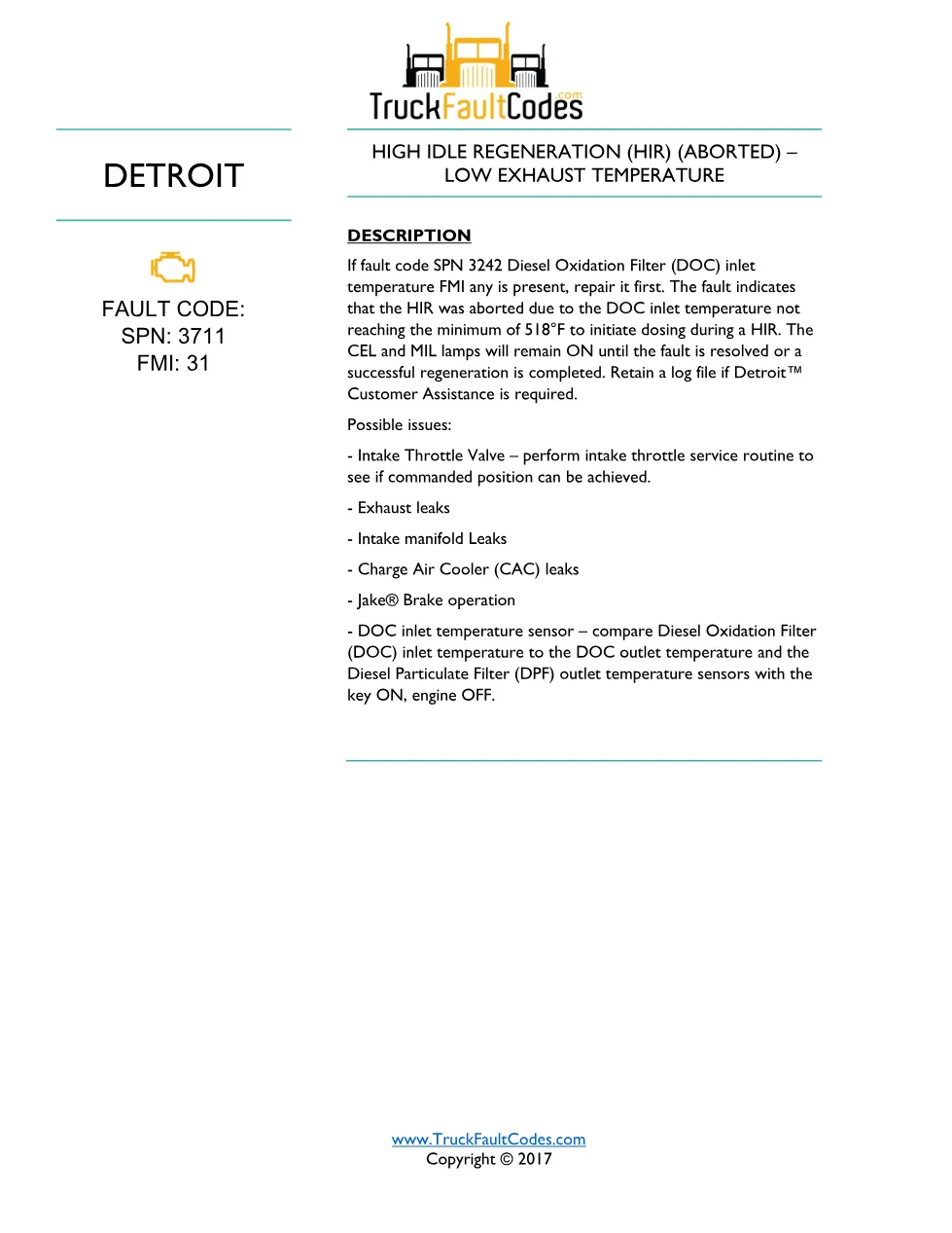 Detroit SPN 3711 EPA07 — DD Series EPA07 DTC Sheet (PDF, 1 page) - page 1 is available after signing in