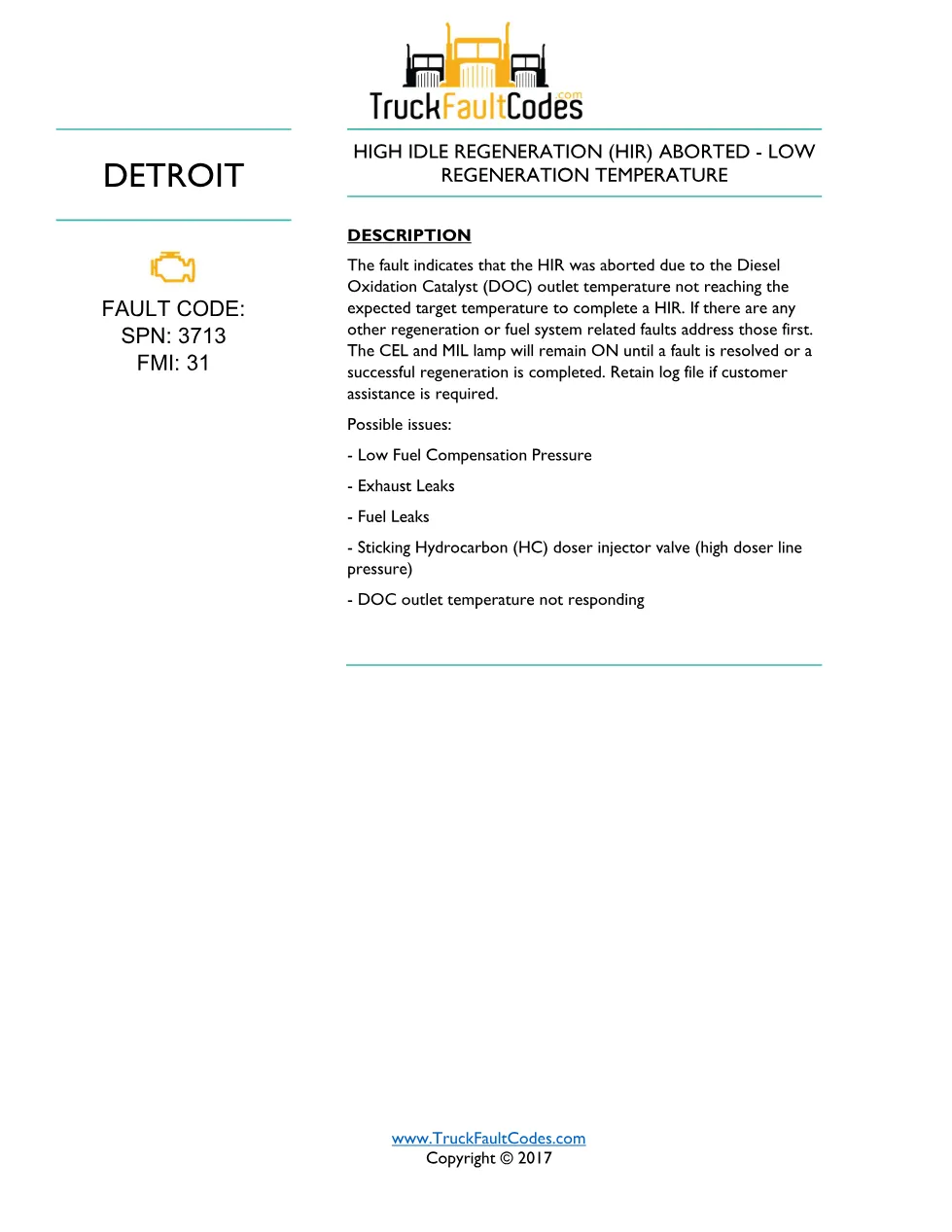 Detroit SPN 3713 EPA07 — DD Series EPA07 DTC Sheet (PDF, 1 page) - page 1 is available after signing in