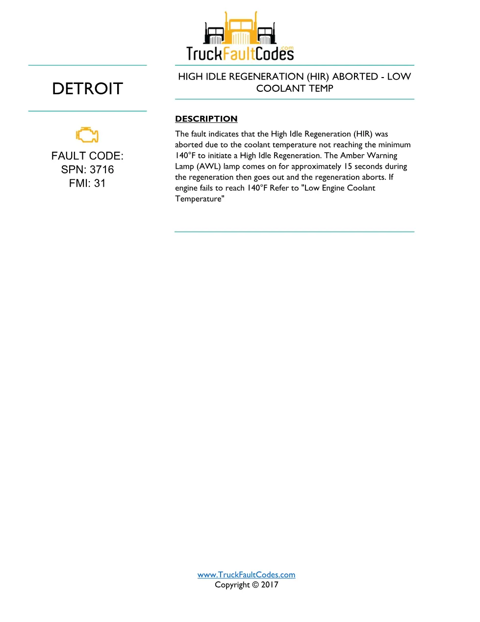Detroit SPN 3716 EPA07 — DD Series EPA07 DTC Sheet (PDF, 1 page) - page 1 is available after signing in