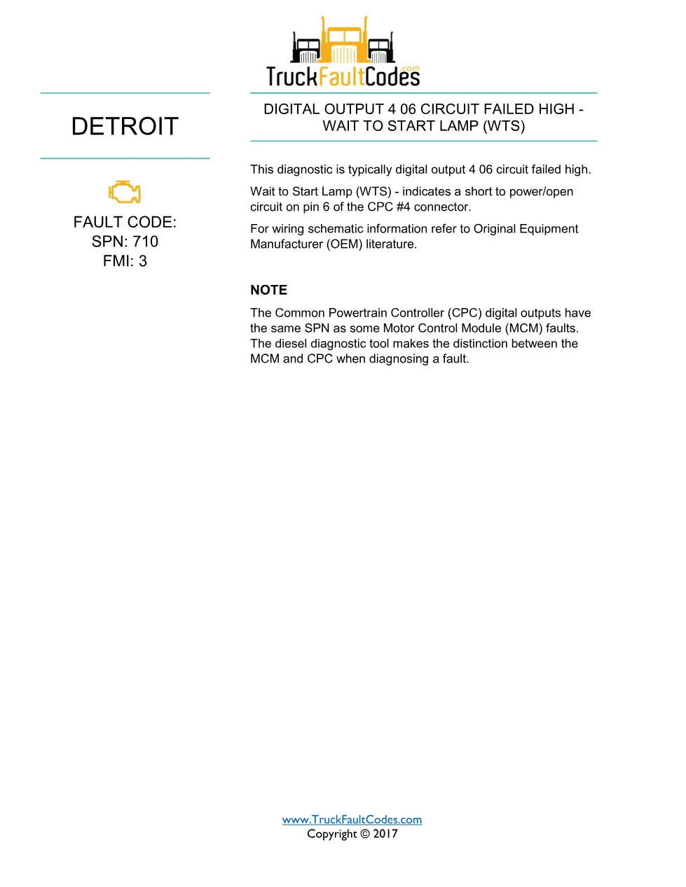SPN 710 FMI 3 — Detroit DD Series (EPA 2007) DTC fault sheet - page 1 is available after signing in