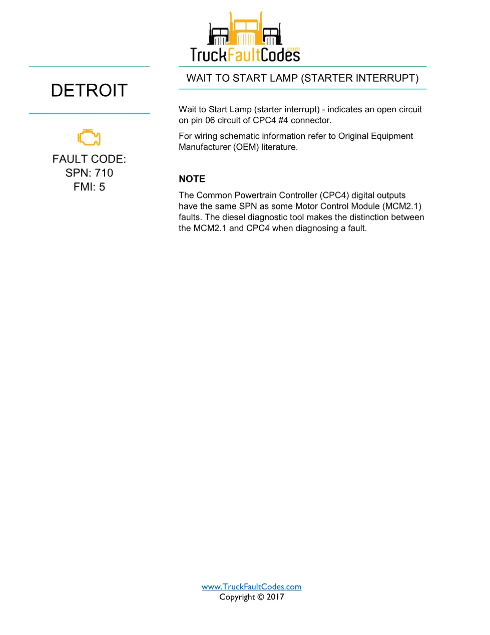SPN 710 FMI 5 — Detroit DD Series (EPA 2007) DTC fault sheet - page 1 is available after signing in