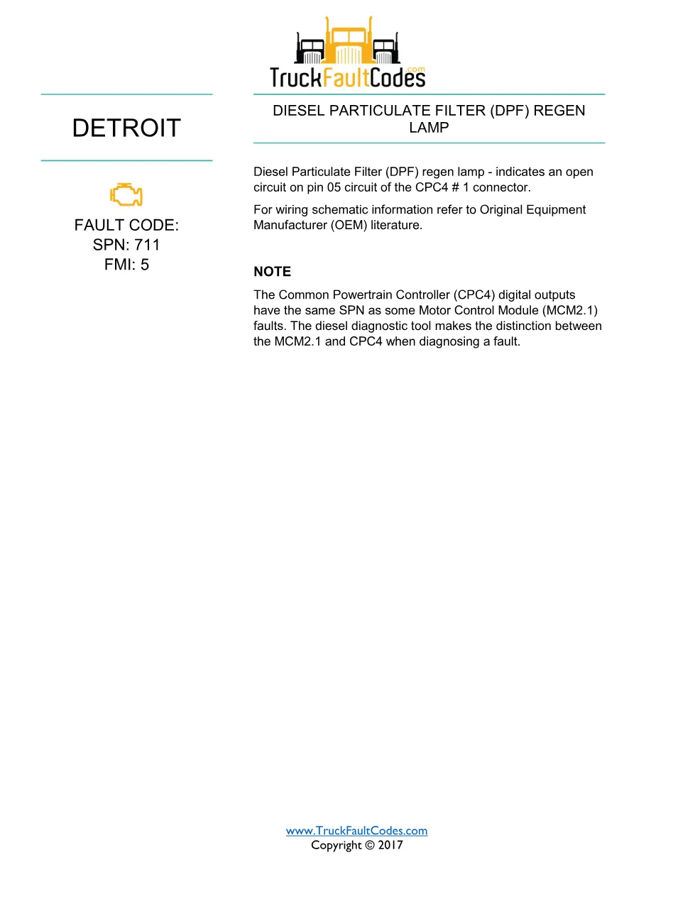 SPN 711 FMI 5 — Detroit DD Series (EPA 2007) DTC fault sheet - page 1 is available after signing in