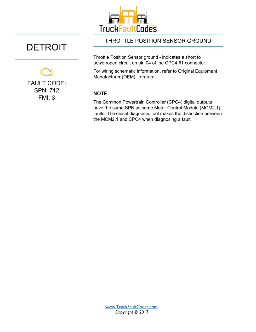 SPN 712 FMI 3 — Detroit DD Series (EPA 2007) DTC fault sheet - page 1 is available after signing in