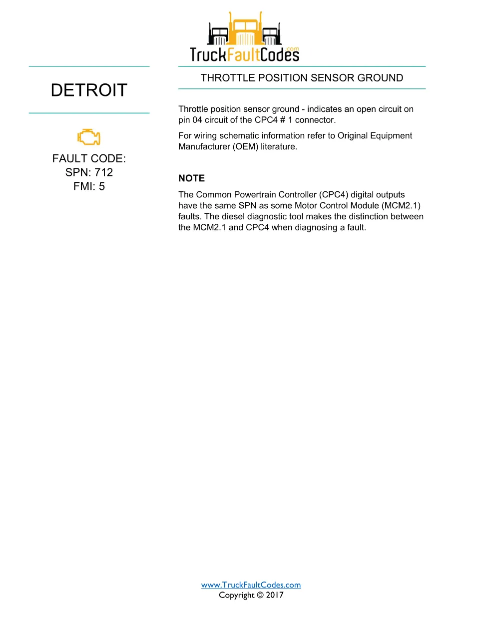 SPN 712 FMI 5 — Detroit DD Series (EPA 2007) DTC fault sheet - page 1 is available after signing in