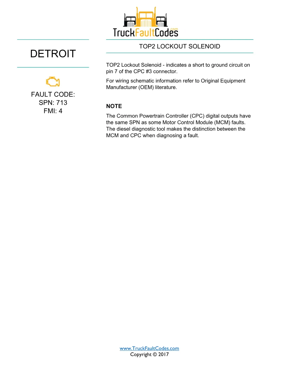 SPN 713 FMI 4 — Detroit DD Series (EPA 2007) DTC fault sheet - page 1 is available after signing in