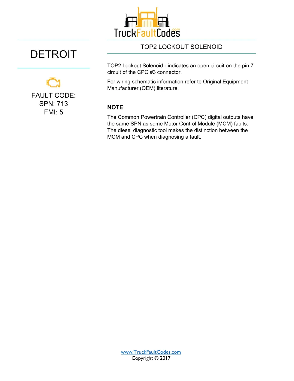 SPN 713 FMI 5 — Detroit DD Series (EPA 2007) DTC fault sheet - page 1 is available after signing in
