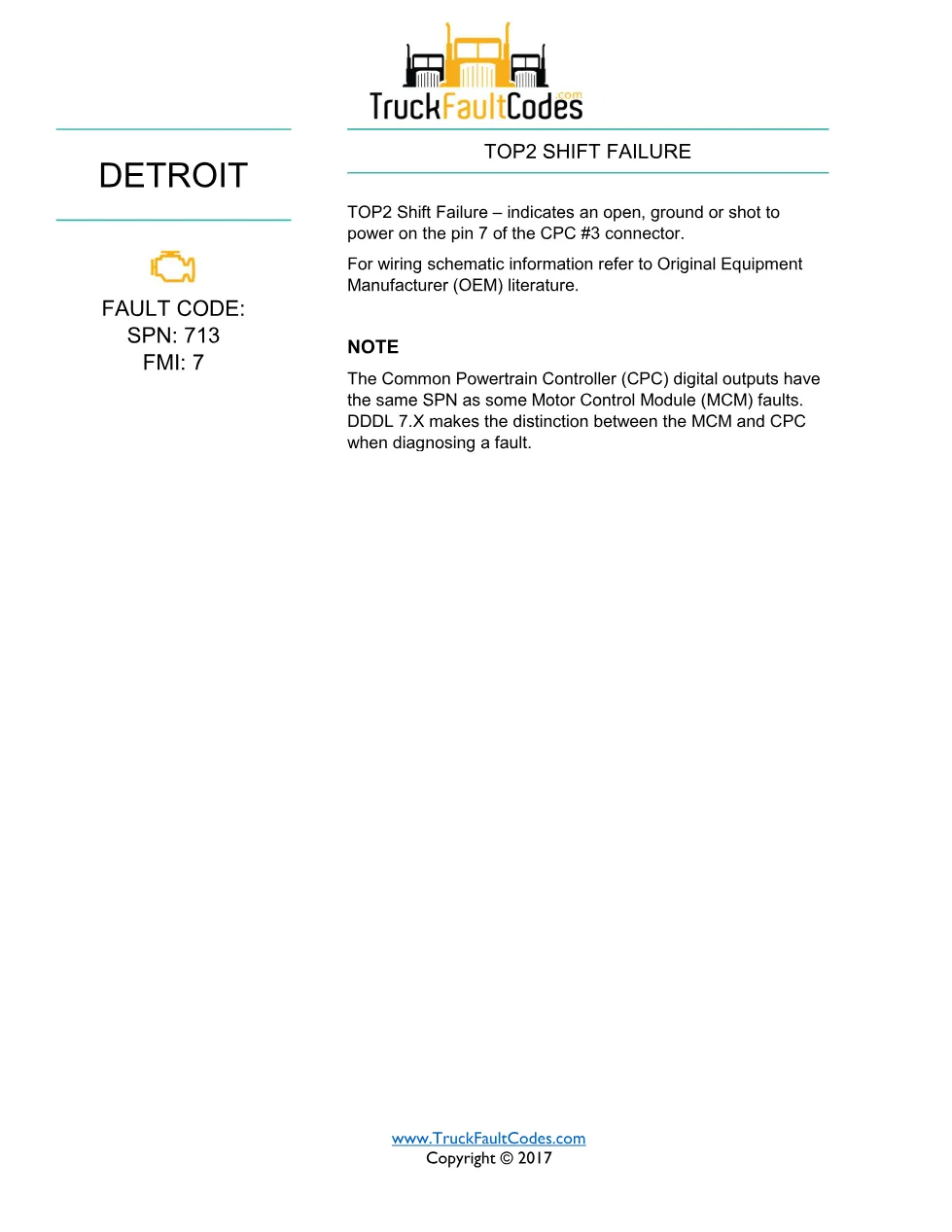 SPN 713 FMI 7 — Detroit DD Series (EPA 2007) DTC fault sheet - page 1 is available after signing in