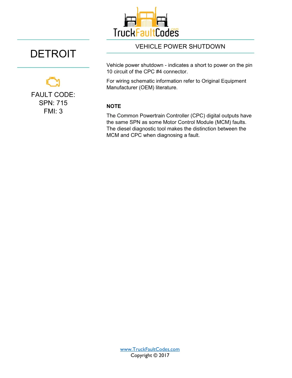 Detroit SPN 715 EPA10 — Detroit DD Series Vehicle Power Shutdown - page 1 is available after signing in