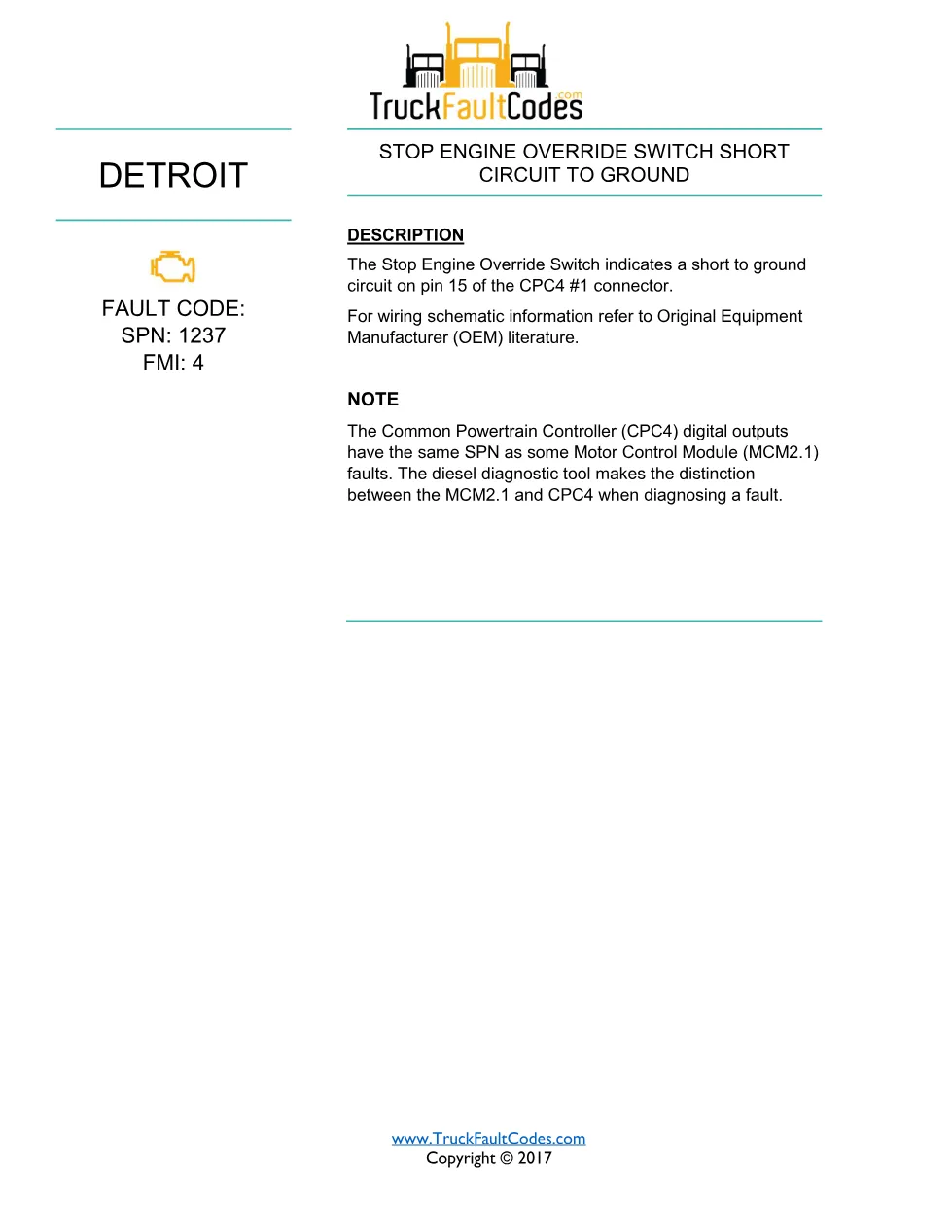 Detroit stop engine override Fault Code Troubleshooting Sheet - page 1 is available after signing in