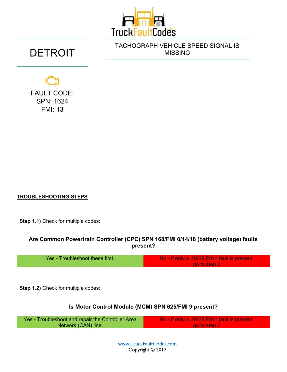 Detroit tachograph speed missing Fault Code Troubleshooting Sheet - preview page 1 of 2