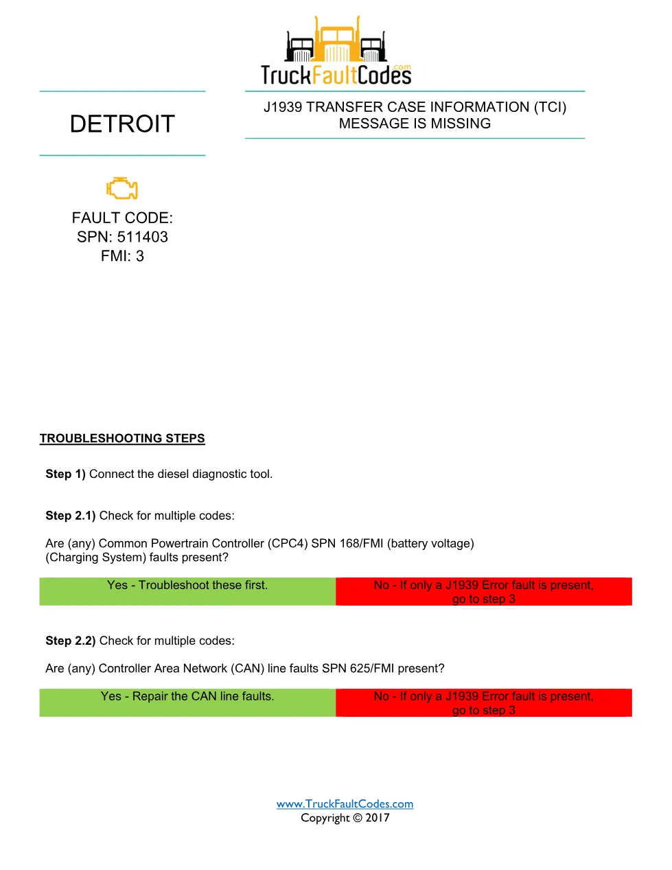 Detroit TCI message missing — Detroit SPN 511403 FMI 3 fault code - preview page 1 of 2