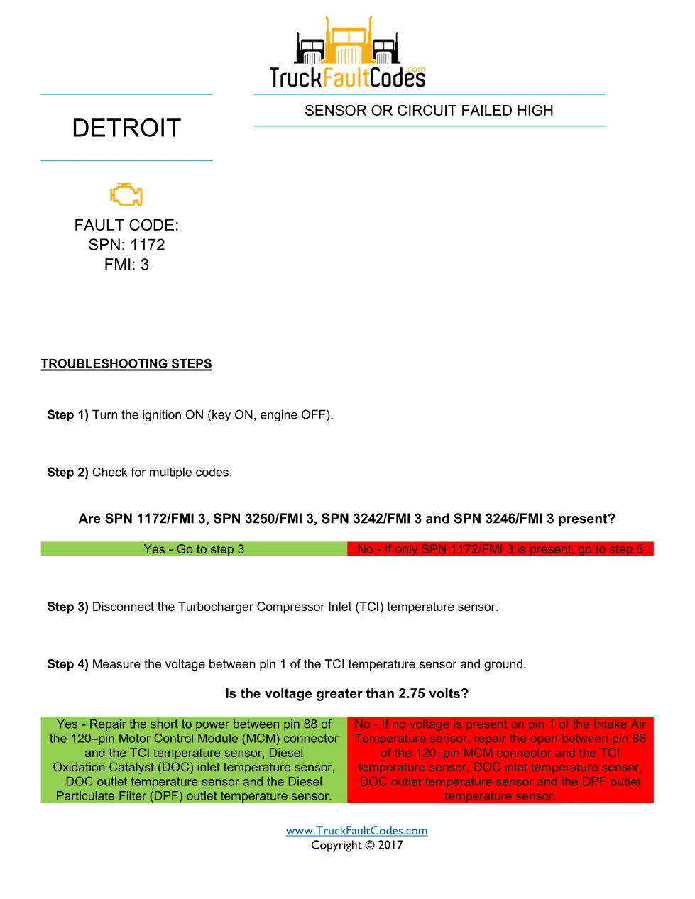 Detroit TCI temperature sensor Fault Code Troubleshooting Sheet - preview page 1 of 2