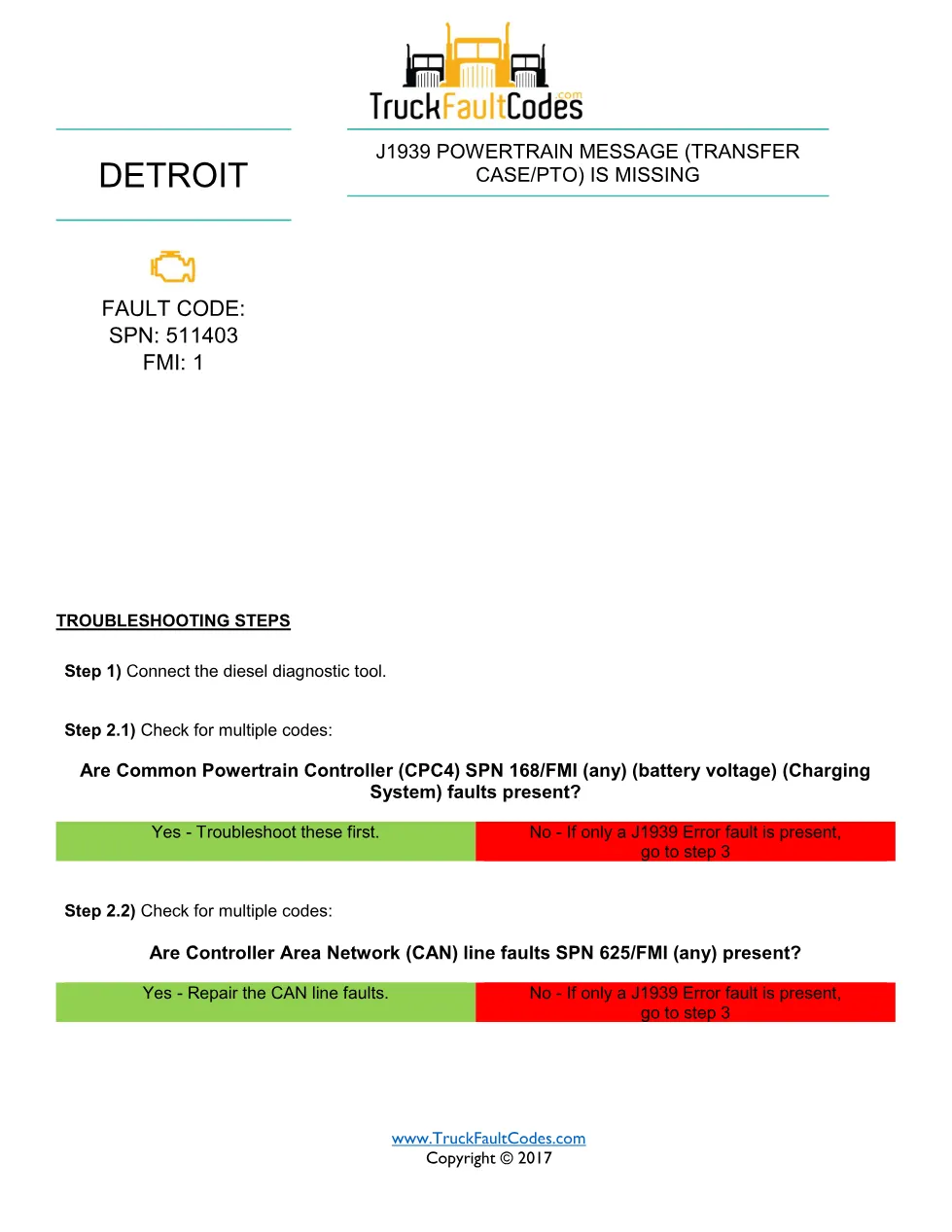 Detroit transfer case PTO — Detroit SPN 511403 FMI 1 fault code - preview page 1 of 2