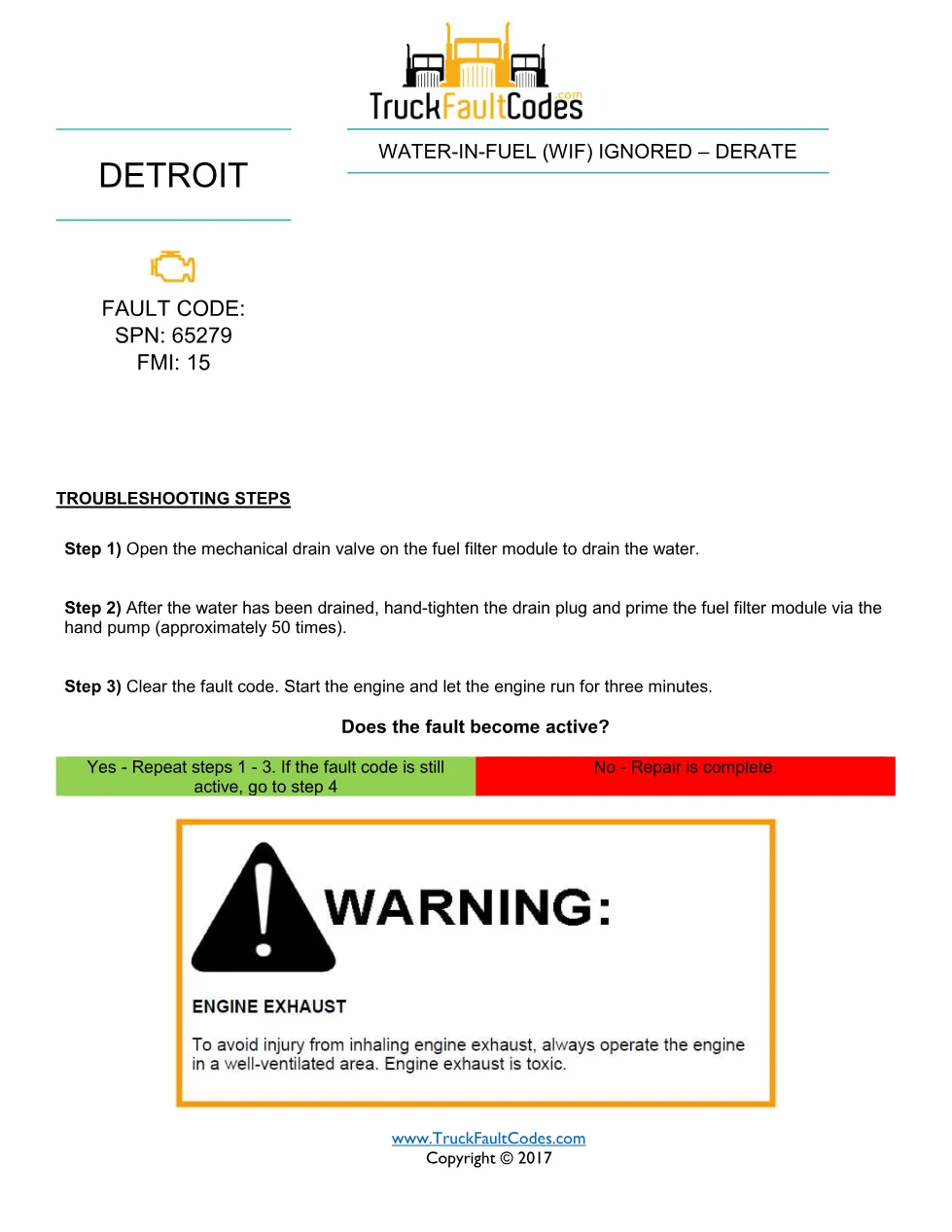 Detroit water in fuel — Detroit SPN 65279 FMI 15 fault code - preview page 1 of 3