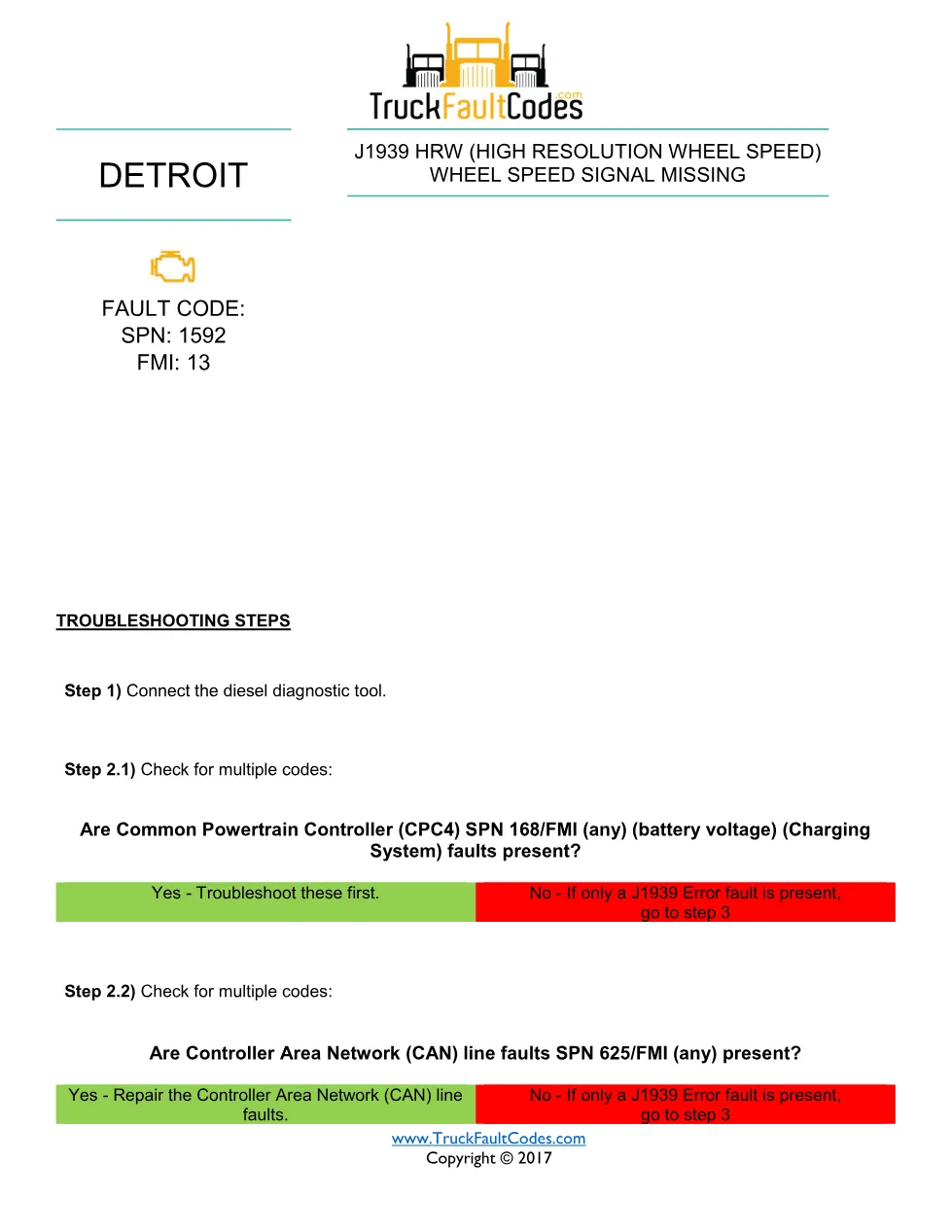 Detroit wheel speed missing Fault Code Troubleshooting Sheet - preview page 1 of 2