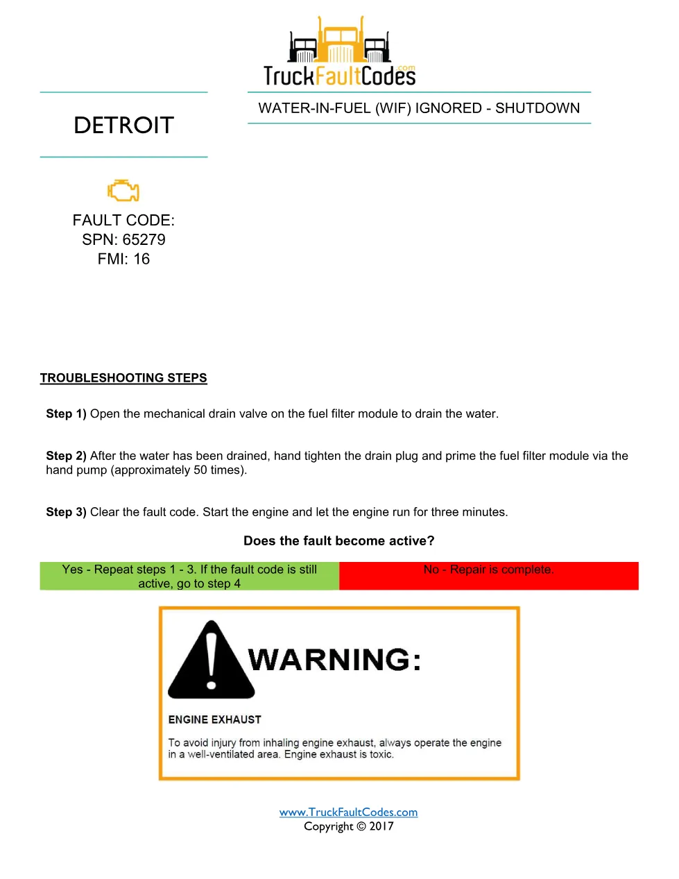 Detroit WIF sensor shutdown — Detroit SPN 65279 FMI 16 fault code - preview page 1 of 3