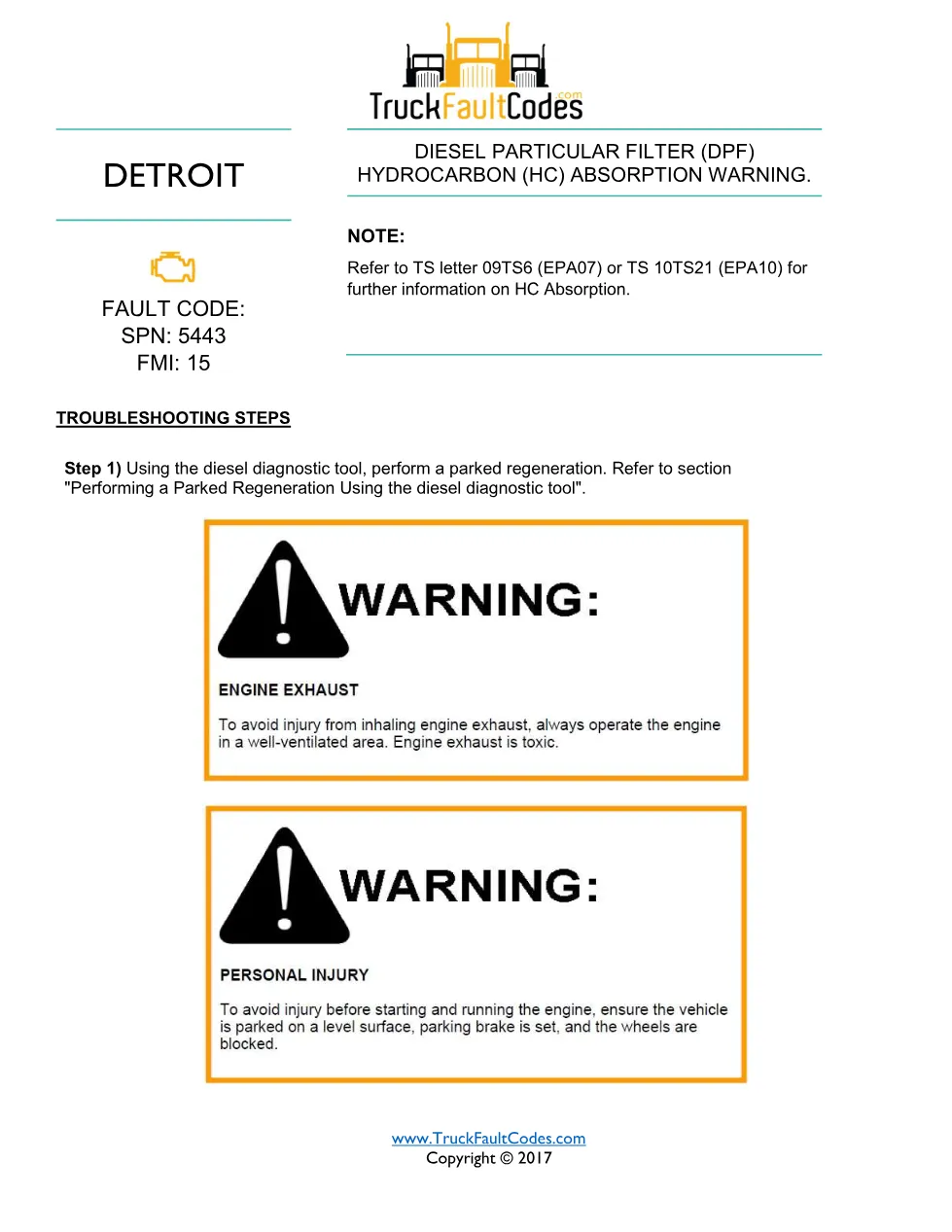 DPF HC absorption warning — Detroit SPN 5443 FMI 15 fault code - preview page 1 of 2