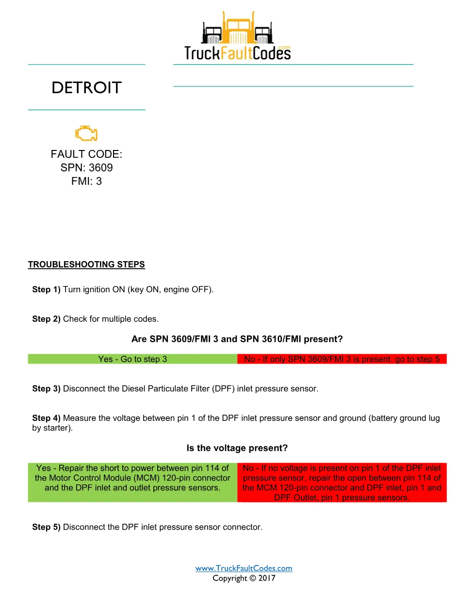 DPF inlet pressure circuit — Detroit DD Series SPN 3609 FMI 3 - preview page 1 of 2