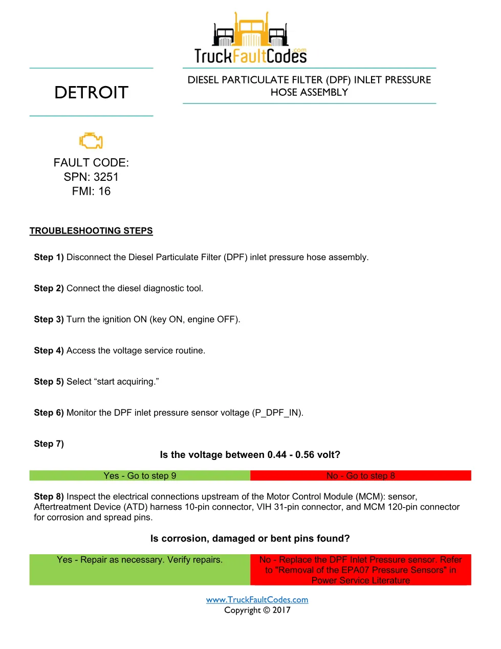 DPF inlet pressure hose — Detroit fault code SPN 3251 FMI 16 - preview page 1 of 4