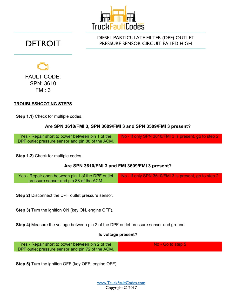 DPF outlet pressure high — Detroit DD Series SPN 3610 FMI 3 - preview page 1 of 2