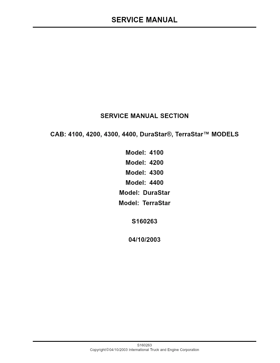 DuraStar cab service manual S160263 — 4100/4200/4300/4400 – Guide - preview page 1 of 6