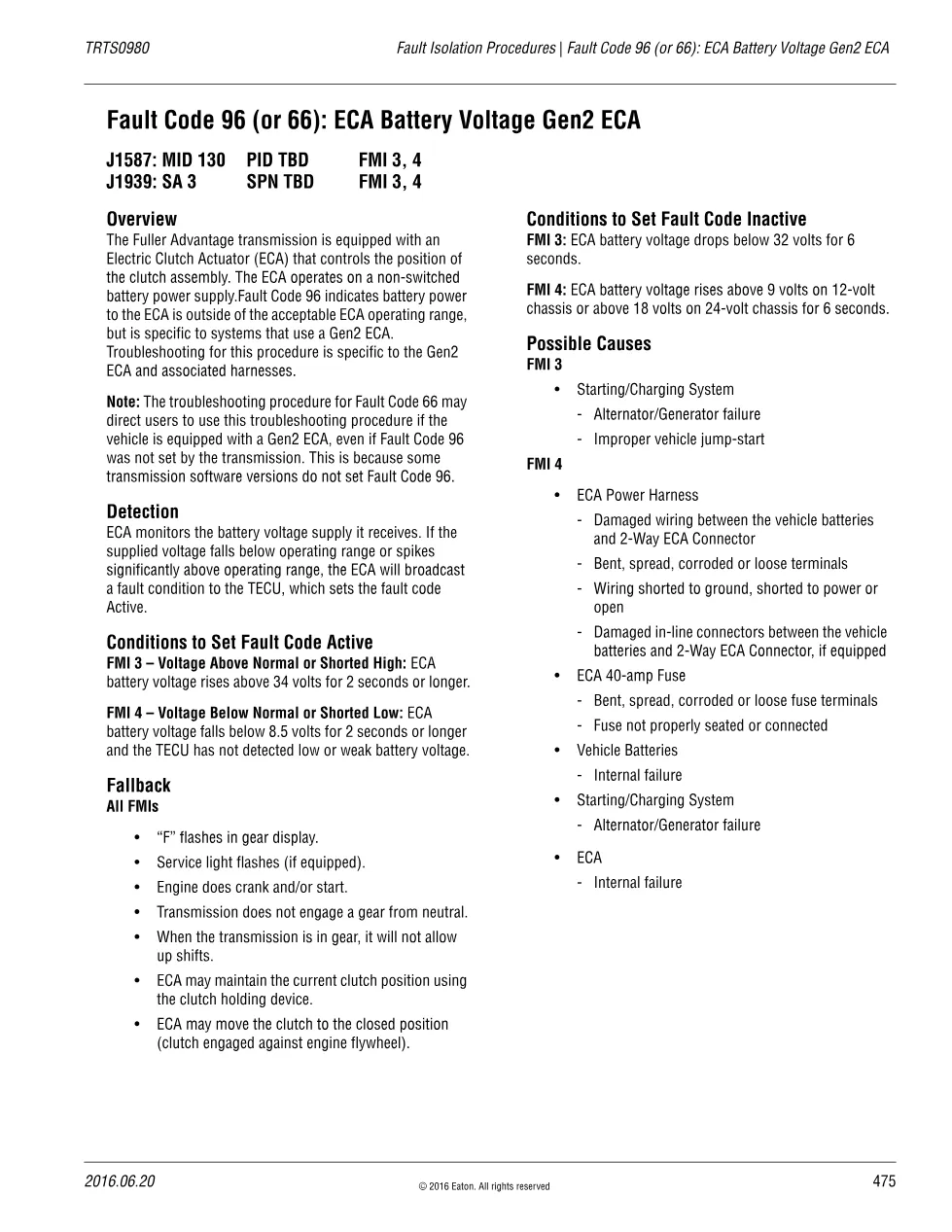 Eaton ECA Battery Voltage — Fault Code 96 (or 66) Gen2 ECA, - preview page 1 of 3