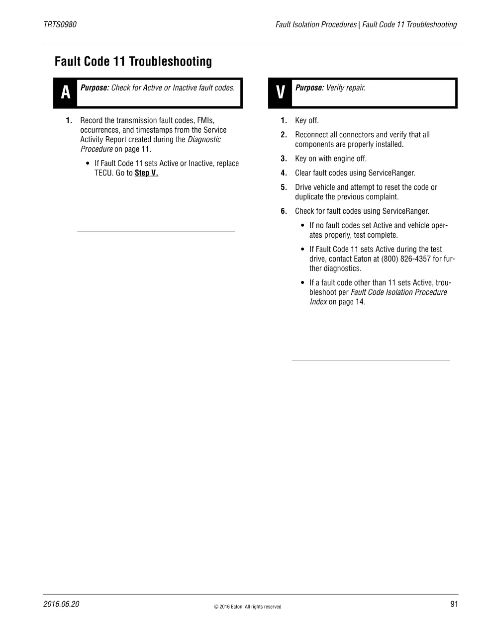 Eaton Fault Code 11 troubleshooting — TECU replacement, TRTS0980 - page 1 is available after signing in