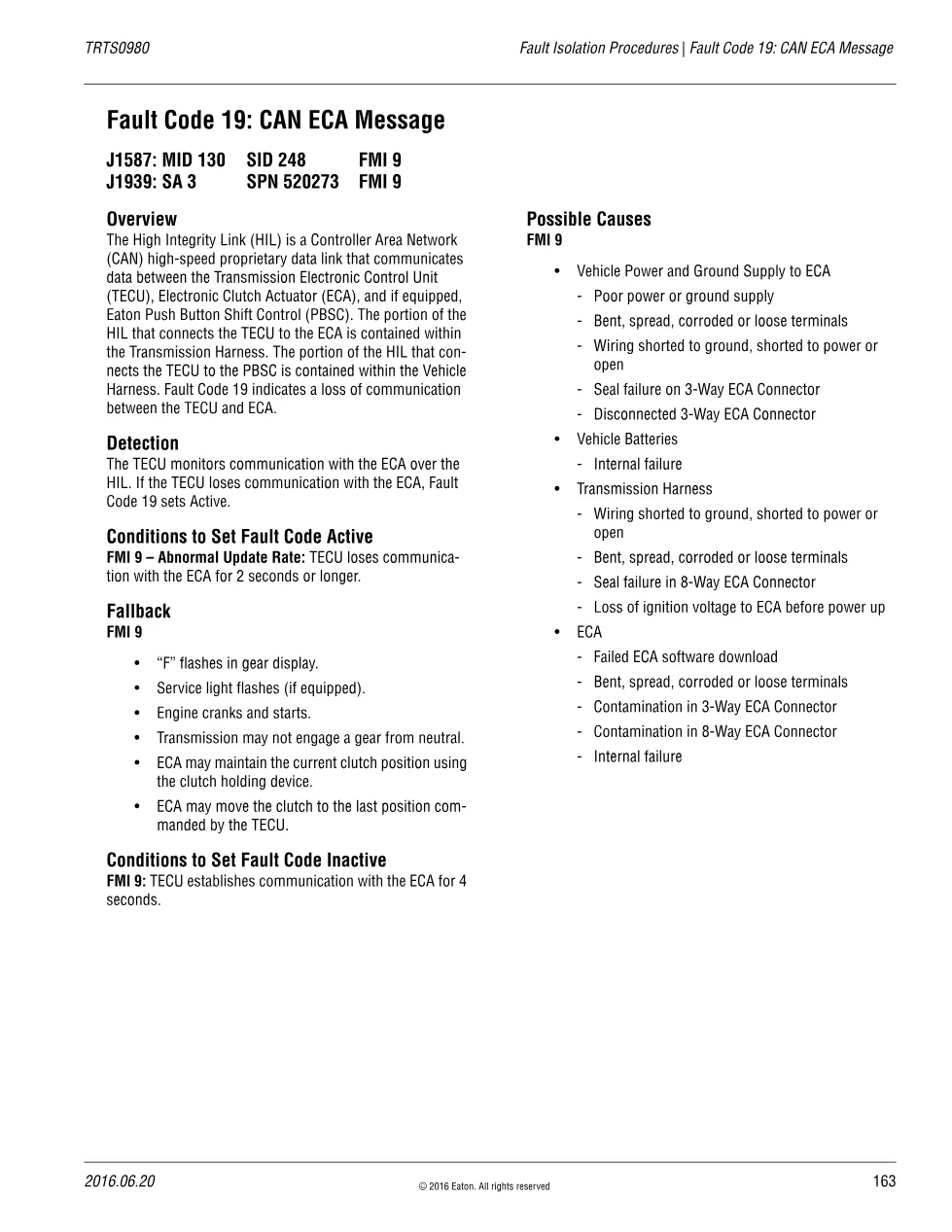 Eaton Fault Code 19 — CAN ECA Message, High Integrity Link, - preview page 1 of 3