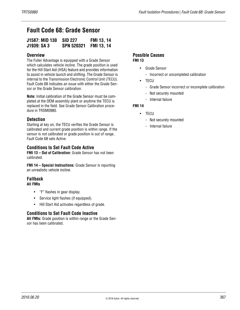Eaton fault code 68: Grade Sensor – Fuller Advantage TRTS0980 - preview page 1 of 2