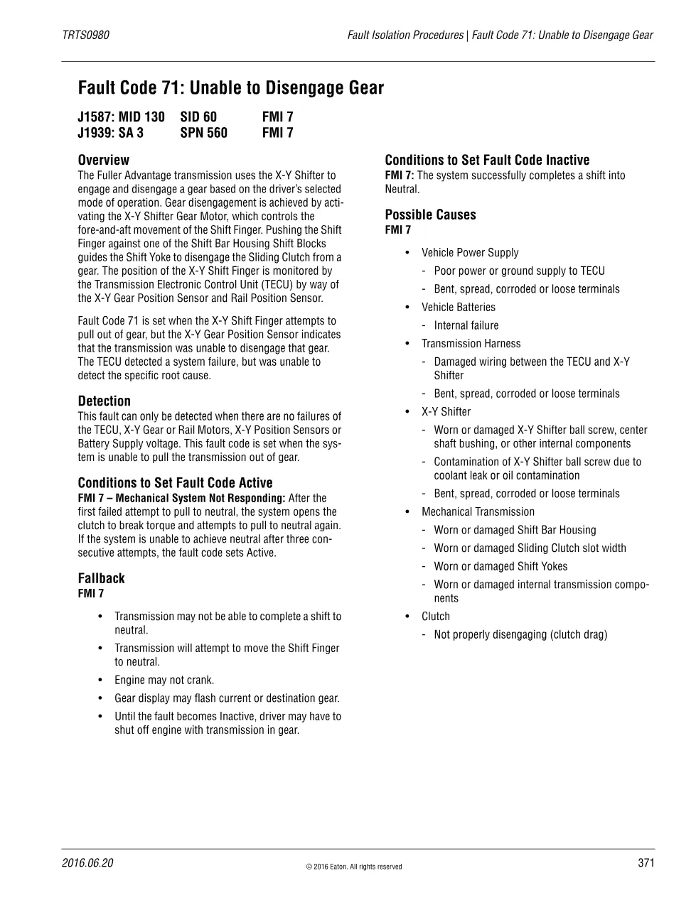 Eaton fault code 71: Unable to Disengage Gear – Fuller Advantage - preview page 1 of 3