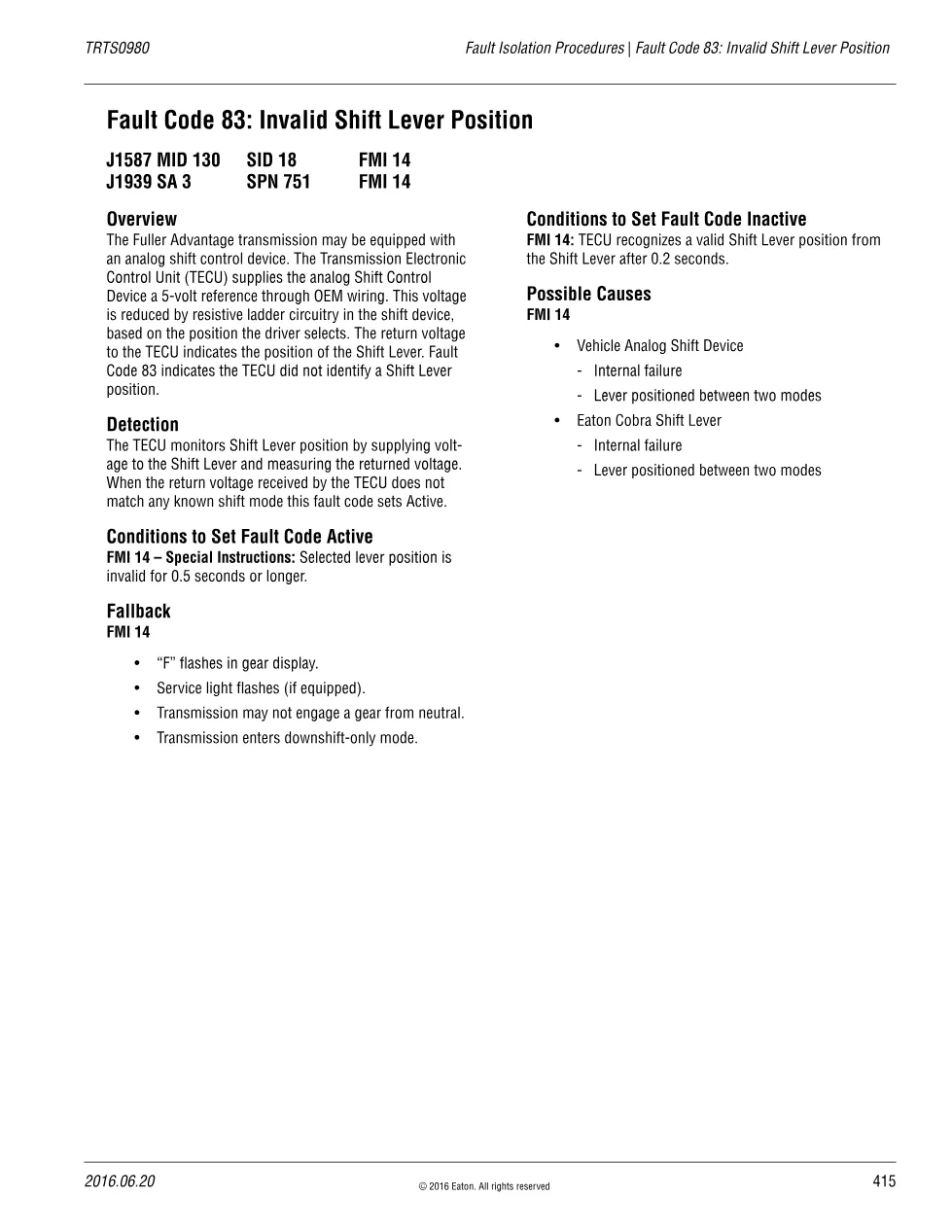 Eaton fault code 83: Invalid Shift Lever Position – Fuller - preview page 1 of 2