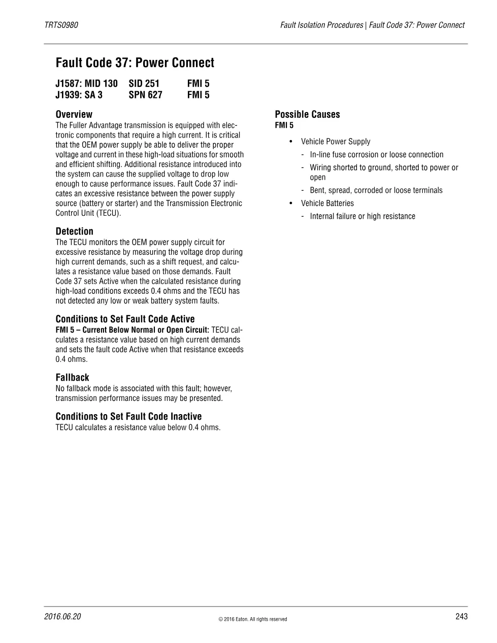 Eaton Power Connect Fault — Fuller Advantage Fault Code 37 - preview page 1 of 2