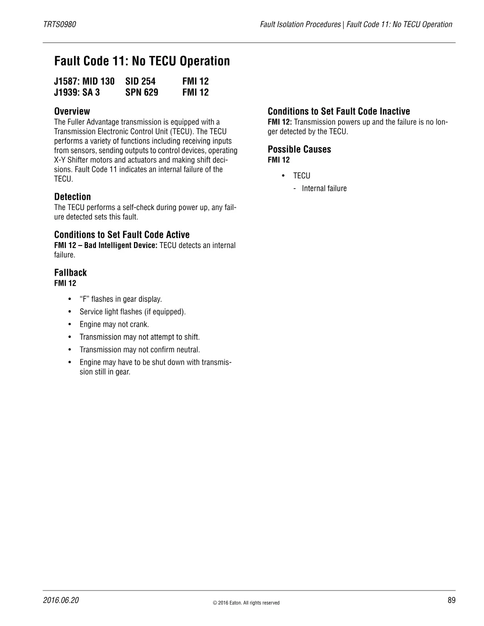 Eaton TECU fault code 11 — No TECU Operation, TRTS0980 fault - preview page 1 of 2